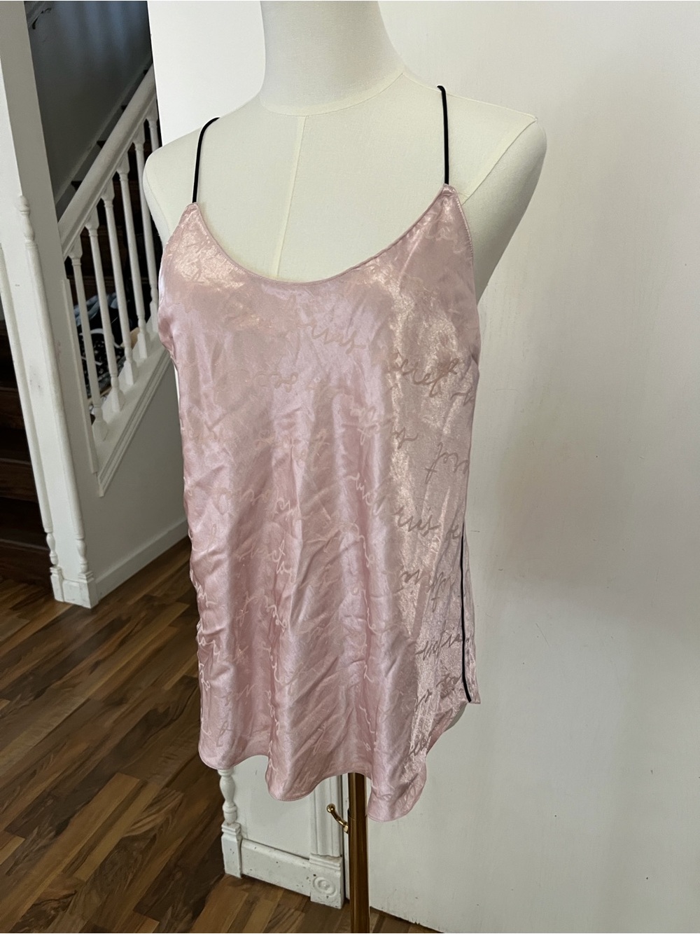 Victoria's Secret Pale Pink Blush Satin Cami, Black Straps, VS logo all over, XL